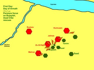 Zu Al-Hajib Mahran Jalinos Hurmuzan Rustom Tamim Saad First Day: Day of Armath يوم أرماث Persians focus on Bujaylah,  Asad tribe rescues Bujaylah ِ Asad 