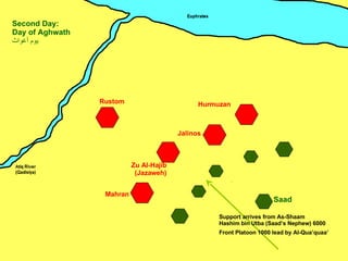 Zu Al-Hajib (Jazaweh) Mahran Jalinos Hurmuzan Rustom Saad Second Day: Day of Aghwath يوم أغواث ِ Support arrives from As-Shaam Hashim bin Utba (Saad’s Nephew) 6000 Front Platoon 1000 lead by Al-Qua’quaa’   