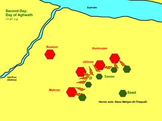 Mahran Jalinos Hurmuzan Rustom Saad Second Day: Day of Aghwath يوم أغواث ِ Heroic acts: Abou Mehjan Al-Thaquafi. Tamim 