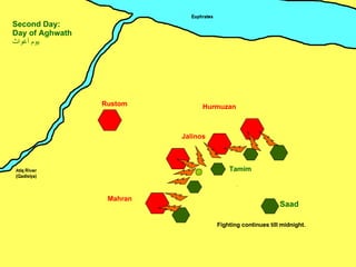 Mahran Jalinos Hurmuzan Rustom Saad Second Day: Day of Aghwath يوم أغواث ِ Fighting continues till midnight. Tamim 