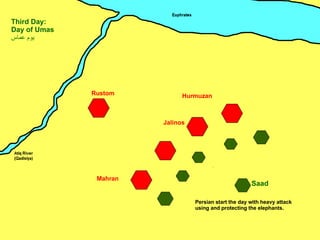 Mahran Jalinos Hurmuzan Rustom Saad Third Day: Day of Umas يوم عماس ِ Persian start the day with heavy attack using and protecting the elephants. 
