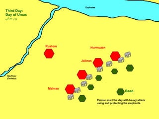 Mahran Jalinos Hurmuzan Rustom Saad Third Day: Day of Umas يوم عماس ِ Persian start the day with heavy attack using and protecting the elephants. 