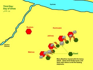 Mahran Jalinos Hurmuzan Rustom Saad Third Day: Day of Umas يوم عماس ِ Many Muslims injured with the heavy attack.  Saad send Al-Qua’quaa’ and Asim with others to kill the leading elephants. 