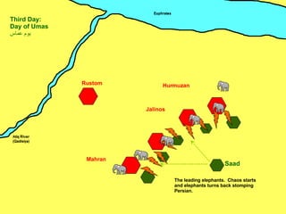 Mahran Jalinos Hurmuzan Rustom Saad Third Day: Day of Umas يوم عماس ِ The leading elephants.  Chaos starts and elephants turns back stomping Persian. 