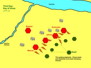 Mahran Jalinos Hurmuzan Rustom Saad Third Day: Day of Umas يوم عماس ِ The leading elephants.  Chaos starts and elephants turns back stomping Persian. 