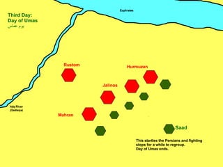 Mahran Jalinos Hurmuzan Rustom Saad Third Day: Day of Umas يوم عماس ِ This startles the Persians and fighting stops for a while to regroup. Day of Umas ends. 