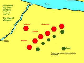 Mahran Jalinos Hurmuzan Rustom Saad Fourth Day: Day of Al-Qadisiya يوم القادسية ليلة الهرير The Night of Whispers ِ Rustom regroups and prevents duals or chasing. 