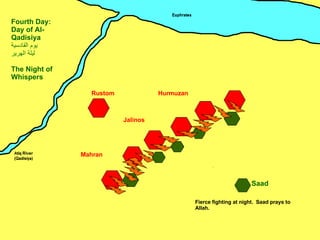 Mahran Jalinos Hurmuzan Rustom Saad Fourth Day: Day of Al-Qadisiya يوم القادسية ليلة الهرير The Night of Whispers ِ Fierce fighting at night.  Saad prays to Allah. 