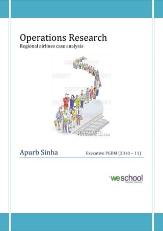 Operations ResearchRegional airlines case analysisApurb Sinha                 Executive PGDM (2010 – 11)<br />Contents TOC  quot;
1-3quot;
    Case PAGEREF _Toc283592935  4Project Background PAGEREF _Toc283592936  6Available data and assumptions PAGEREF _Toc283592937  6Opinion and proposed solutions PAGEREF _Toc283592938  7Vice President of Administration PAGEREF _Toc283592939  7Vice President Marketing PAGEREF _Toc283592940  7Telephone Company Representative PAGEREF _Toc283592941  7What is waiting line model PAGEREF _Toc283592942  8Notation PAGEREF _Toc283592943  8Distribution of arrivals PAGEREF _Toc283592944  8Distribution of service time PAGEREF _Toc283592945  9Queue discipline PAGEREF _Toc283592946  9Servers PAGEREF _Toc283592947  9History of queuing theory PAGEREF _Toc283592948  9Limitations of queuing theory PAGEREF _Toc283592949  10Evaluation of the Existing System PAGEREF _Toc283592950  10Analysis - Claim of Vice President of Administration PAGEREF _Toc283592951  10Diagram PAGEREF _Toc283592952  10Waiting line Model  - 1 agent with no waiting PAGEREF _Toc283592953  11Operating characteristics of the system PAGEREF _Toc283592954  12Analysis - Claim of Vice President of marketing PAGEREF _Toc283592955  13Assumption PAGEREF _Toc283592956  13Diagram – Model PAGEREF _Toc283592957  13Waiting line Model  - 2 agent with no waiting PAGEREF _Toc283592958  14Operating characteristics of the system PAGEREF _Toc283592959  14Analysis – Proposed solution by Telephone Company PAGEREF _Toc283592960  16Model – with 1 agent PAGEREF _Toc283592961  16Model Used: M/M/1 – when waiting is allowed PAGEREF _Toc283592962  16Operating characteristics of the system PAGEREF _Toc283592963  16Model – with 2 agents PAGEREF _Toc283592964  19Model Used: M/M/K where c =2 and waiting is allowed PAGEREF _Toc283592965  19Steady state PAGEREF _Toc283592966  21Recommendations PAGEREF _Toc283592967  22<br />Case<br />Regional Airlines is establishing a new telephone system for handling flight reservations.  During the 10:00 am to 11:00 am time period, calls to the reservation agents occur randomly at an average of one call every 3.75 minutes.  Historical service time data show that a reservation agent spends an average of 3 minutes with each customer.  The waiting line model assumptions of Poisson arrivals and exponential service times appear reasonable for the telephone reservation system.<br />Regional Airlines’ management believes that offering an efficient telephone reservation system is an important part of establishing an image as a service-oriented airline.  If the system is properly implemented, Regional Airlines will establish good customer relations, which in the long run will increase business.  However, if the telephone reservations system is frequently overloaded and customers have difficulty contacting an agent, a negative customer reaction may lead to an eventual loss of business.  The cost of a ticket reservation agent is $20 per hour.  Thus, management wants to provide good service, but it does not want to incur the cost of overstaffing the telephone reservation operation by using more agents than necessary.<br />At a planning meeting, Regional’s management team agreed that an acceptable customer service goal is to answer at least 85% of the incoming calls immediately.  During the planning meeting, Regional’s vice president of administration pointed out that the average service rate for an agent is faster than the average arrival rate of the telephone calls.  The vice president’s conclusion was that the personnel costs could be minimized by using one agent and that the single agent should be able to handle the telephone reservations and still have some idle time.  The vice president of marketing restated the importance of customer service and expressed support for at least two reservation agents.<br />The current telephone reservation system design does not allow callers to wait.  Callers who attempt to reach a reservations agent when all agents are occupied receive a busy signal and are blocked from the system.  A representative from the telephone company suggested that Regional Airlines consider an expanded system that accommodates waiting.  In the expanded system, when a customer calls and all agents are busy, a recorded message tells the customer that the call is being held in the order received and that an agent will be available shortly.  The customer can stay on the line and listen to background music while waiting for an agent.  Regional’s management will need more information before switching to the expanded system.<br />Prepare a managerial report for Regional Airlines analyzing the telephone reservation system.  Evaluate both the system that does not allow waiting and the expanded system that allows waiting.  Consider the following in your report:<br />1.A detailed analysis of the operating characteristics of the reservations system with one agent as proposed by the vice president of administration.  What is your recommendation concerning a single-agent system?<br />2.A detailed analysis of the operating characteristics of the reservation system based on your recommendation regarding the number of agents Regional should use.<br />3.What appears to be the advantages or disadvantages of the expanded system?  Discuss the number of waiting calls the expanded system would need to accommodate.<br />The telephone arrival data are for the 10:00 am to 11:00 am time period; however, the arrival rate of incoming calls is expected to change from hour to hour.  Describe how your waiting line analysis could be used to develop a ticket agent staffing plan that would enable the company to provide different levels of staffing for the ticket reservation system at different times during the day.  Indicate the information that you would need to develop this staffing plan.<br />Project Background<br />The airline company wants to provide an efficient telephone reservation system. This will help them to establish good customer relations which in a long run will increase the business.<br />The management wants to provide a good service but it does not want to incur unnecessary cost by overstaffing the telephone reservation system.<br />The current telephone system design does not allow the caller to wait. The caller who attempts to reach a reservation system, when all agents are busy is sent a busy tone and blocks them from the system.<br />Available data and assumptions<br />,[object Object]