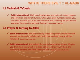  Tarbiah & Ta’deeb

     Sahih International: Allah has already given you victory in many regions
      and [even] on the day of Hunayn, when your great number pleased you,
      but it did not avail you at all, and the earth was confining for you with its
      vastness; then you turned back, fleeing. [ Surah Tawbah 9, Ayat 25 ]

 Prayer & turning to Allah
   Sahih International: And We certainly seized the people of Pharaoh with
    years of famine and a deficiency in fruits that perhaps they would be
    reminded. [ Surah al-Araf 7, Ayat 130 ]

   Sahih International: And indeed, for you in livestock is a lesson. We give
    you drink from that which is in their bellies, and for you in them are
    numerous benefits, and from them you eat. [ Surah al-Mu'minun 23, Ayat 21 ]
 