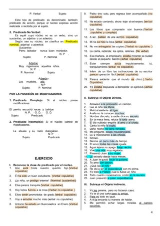 4
P. Verbal Sujeto
Este tipo de predicado es denominado también
predicado de acción, porque el núcleo expresa acción
realizada o recibida por el sujeto.
2. Predicado No Verbal:
Es aquél cuyo núcleo no es un verbo, sino un
sustantivo, un adjetivo o un adverbio.
Según sea su núcleo, se clasifica en: Predicado
nominal, adjetival o adverbial.
Sustantivo
Perro ladrador nunca buen mordedor.
N. P .
Sujeto P. Nominal
Adjetivo
Muy ingeniosos aquellos niños.
N. P . .
P. Nominal Sujeto
Adverbio
Los muebles, allá.
N.P
Sujeto P. Nominal
POR LA POSESIÓN DE MODIFICADORES
1. Predicado Complejo: Si el núcleo posee
modificadores.
El perrito escuchó voces y balidos
N. P. O. D. O. D.
Sujeto Predicado
2. Predicado Incomplejo: Si el núcleo carece de
modificadores.
La abuela y su nieto dialogaban.
N. P .
Sujeto Predicado
EJERCICIO
I. Reconoce la clase de predicado por el núcleo.
1. Aún está triste nuestro querido hijo.(Verbal
copulativo)
2. Él ha sido un buen estudiante. (Verbal copulativo)
3. ¡La niña, un prodigo viviente! (Nominal (sustantivo))
4. Elsa parece tranquila.(Verbal copulativo)
5. Hoy todos fuimos a la misa.(Verbal no copulativo )
6. Ellos serán promovidos de grado.(verbal copulativo)
7. Voy a estudiar mucho más.(verbal no copulativo)
8. Antonio ha estado en Huancavelica en Enero.(Verbal
copulativo)
9. Pablo vino solo, pero regresa bien acompañado. (no
copulativo)
10. Ha estado cantando, ahora viaje al extranjero.(verbal
copulativo)
11. Los libros que compraste son buenos.(Verbal
,copulativo y complejo)
12. A ver, ¡hablen de una vez!(no copulativo)
13. Mi tía se hizo la loca.(verbal copulativa)
14. No me entregaste las copias.( Verbal no copulativo )
15. La carita, redonda; los ojitos, reilones. (No verbal)
16. Esa mañana, el empresario estaba mirando la ciudad
desde el pequeño balcón.(verbal copulativo)
17. Ester siempre actúa impulsivamente; tú,
tranquilamente.(verbal no copulativo)
18. Inferir de un libro las inclinaciones de su escritor
parece operación fácil.(verbal copulativo)
19. Parece evidente que el mundo es chico.( Verbo
Copulativo)
20. Yo estaba dispuesta a demostrar el ejercicio.(verbal
copulativa)
II. Subraya el Objeto Directo.
1. Atravesó a la procesión un camión.
2. Lee el niño los libros.
3. Mató el elefante al tigre.
4. A ella no la conocen muchos.
5. Hombre discreto, a nadie dice su secreto.
6. En la mesa llena, reluce la torta ajena.
7. El día nublado engaña al amo y al criado.
8. Canta la niña la copla.
9. Daño hecho no tiene remedio.
10. Me preguntó cosas insustanciales.
11. Lo vi molestando a las chicas.
12. Córtalo.
13. Denme un poco más de tiempo.
14. El amor todas las cosas iguala.
15. Agua lejana no apaga fuego vecino.
16. Vive una vida muy regalada.
17. Presentó Juan a su mujer.
18. Lo extraño desde hace meses.
19. A Juan le gustó tocar la guitarra.
20. Te amo con pasión.
21. ¿Qué lee el niño?
22. He ido a ver el espectáculo con mi prima.
23. Yo trato a Platero cual si fuese un niño
24. Todo cuanto conversamos conté en la reunión.
25. Juan presentó a quien esperábamos.
III. Subraya el Objeto Indirecto.
1. Yo les previne, pero no hicieron caso.
2. Yo te di una carta para tu amigo.
3. Para mí todo es igual.
4. A él le encanta tu manera de hablar.
5. Me permitió echar largas miradas al camino
recorrido.
 
