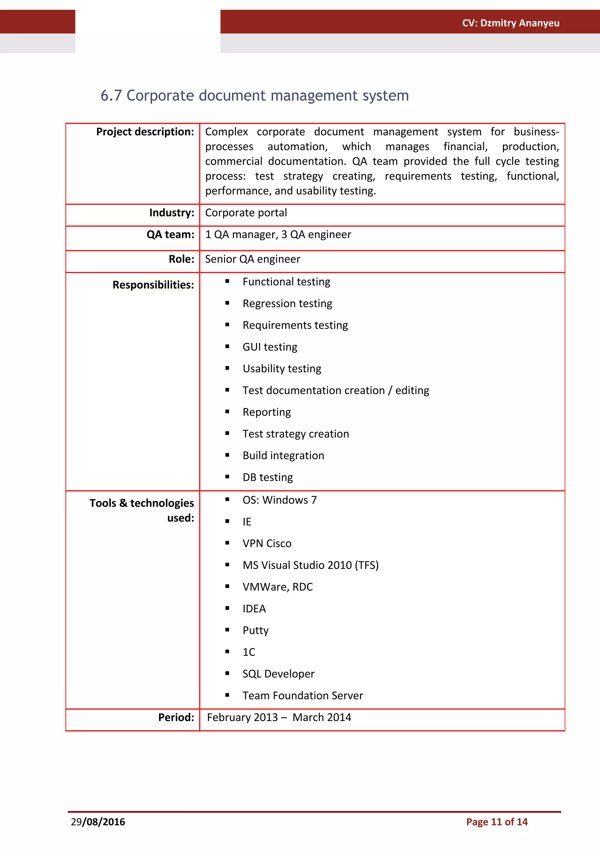 CV: Dzmitry Ananyeu
6.7 Corporate document management system
29/08/2016 Page 11 of 14
Project description: Complex corporate document management system for business-
processes automation, which manages financial, production,
commercial documentation. QA team provided the full cycle testing
process: test strategy creating, requirements testing, functional,
performance, and usability testing.
Industry: Corporate portal
QA team: 1 QA manager, 3 QA engineer
Role: Senior QA engineer
Responsibilities:  Functional testing
 Regression testing
 Requirements testing
 GUI testing
 Usability testing
 Test documentation creation / editing
 Reporting
 Test strategy creation
 Build integration
 DB testing
Tools & technologies
used:
 OS: Windows 7
 IE
 VPN Cisco
 MS Visual Studio 2010 (TFS)
 VMWare, RDC
 IDEA
 Putty
 1C
 SQL Developer
 Team Foundation Server
Period: February 2013 – March 2014
 