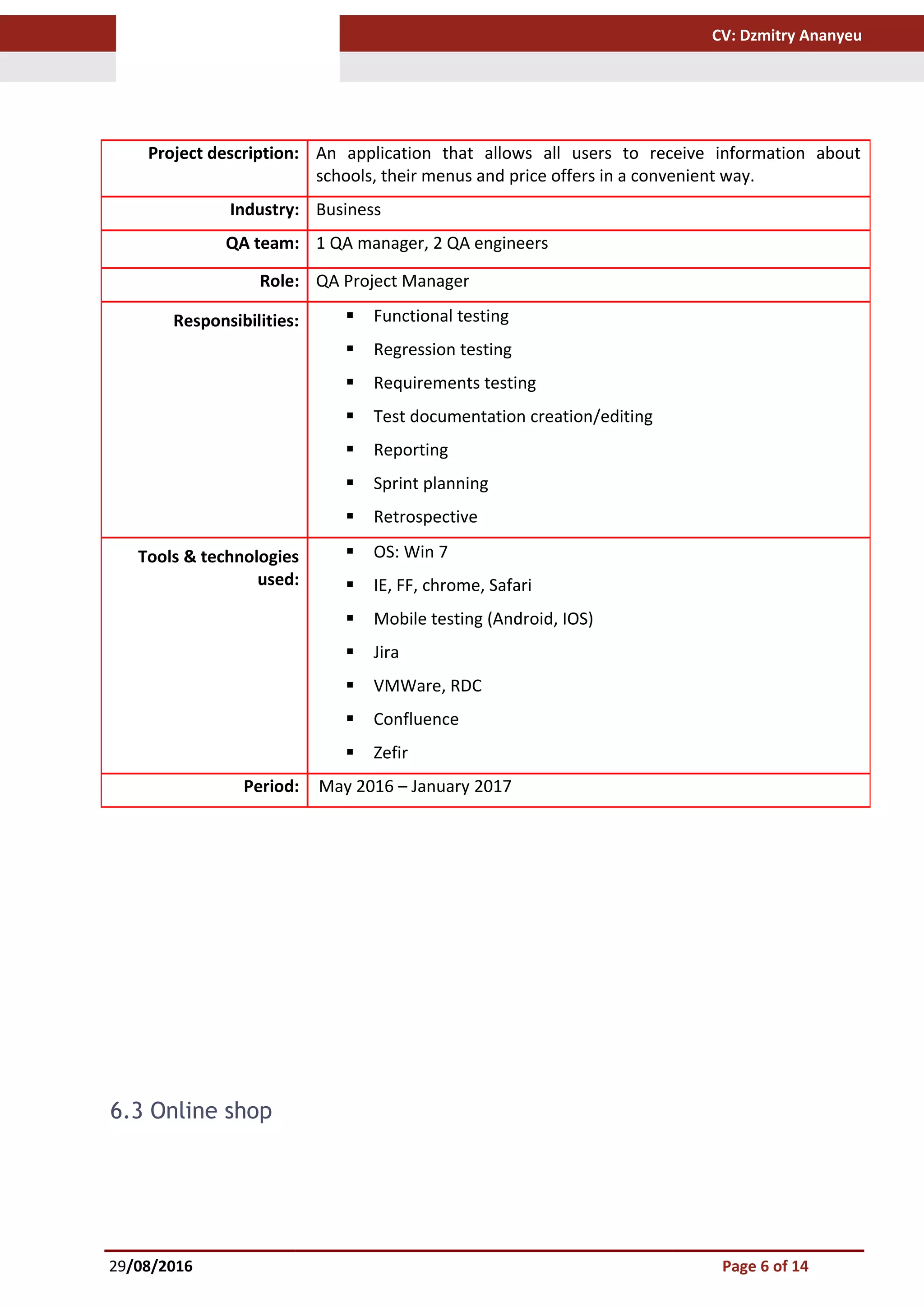 CV: Dzmitry Ananyeu
6.3 Online shop
29/08/2016 Page 6 of 14
Project description: An application that allows all users to receive information about
schools, their menus and price offers in a convenient way.
Industry: Business
QA team: 1 QA manager, 2 QA engineers
Role: QA Project Manager
Responsibilities:  Functional testing
 Regression testing
 Requirements testing
 Test documentation creation/editing
 Reporting
 Sprint planning
 Retrospective
Tools & technologies
used:
 OS: Win 7
 IE, FF, chrome, Safari
 Mobile testing (Android, IOS)
 Jira
 VMWare, RDC
 Confluence
 Zefir
Period: May 2016 – January 2017
 