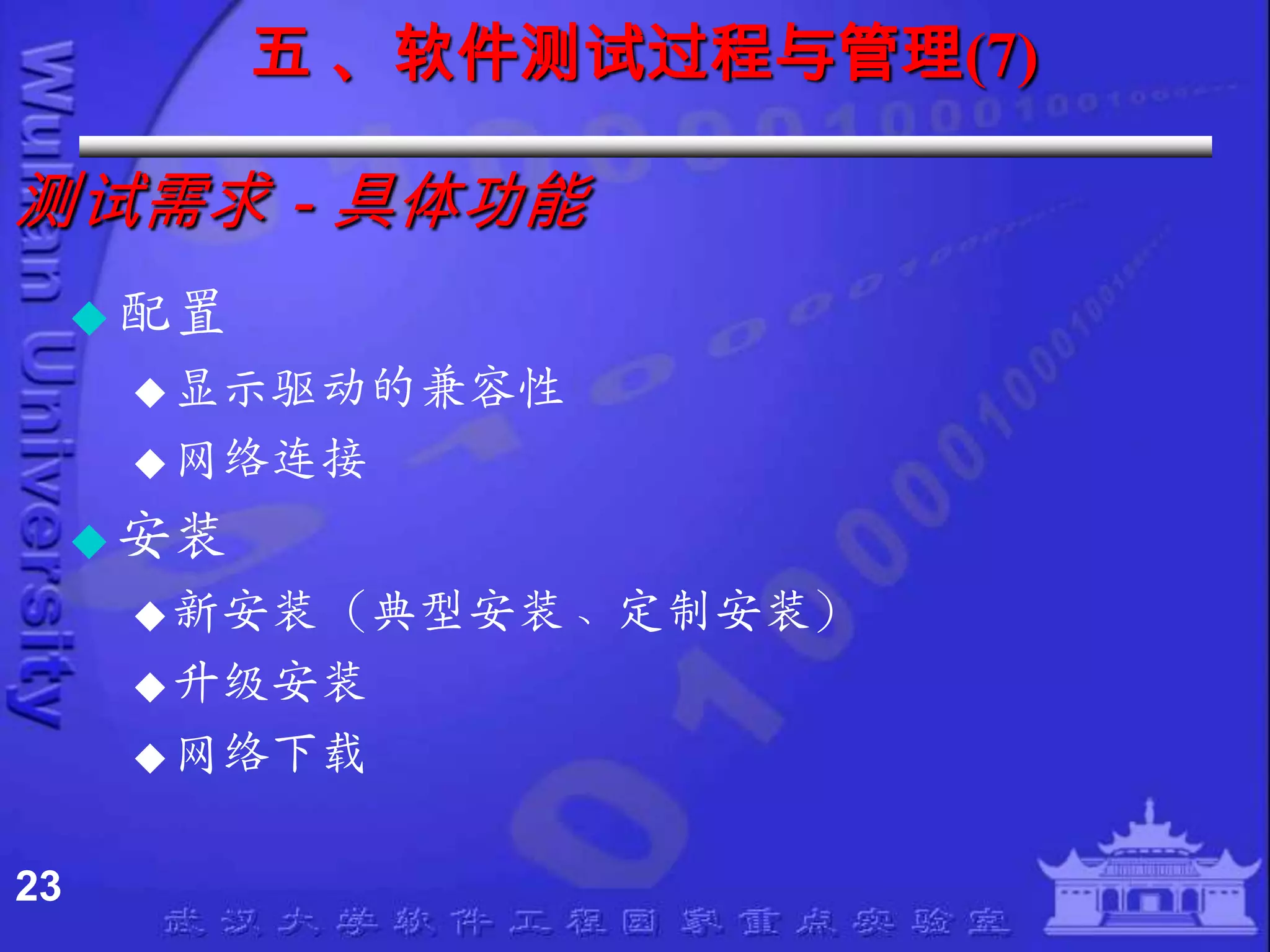 五 、软件测试过程与管理(7)

测试需求－具体功能
      配置
       显示驱动的兼容性
       网络连接

      安装
       新安装（典型安装、定制安装）
       升级安装
       网络下载


23
 