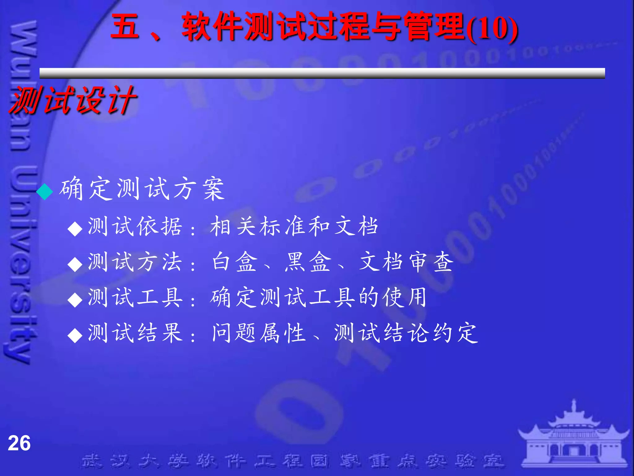 五 、软件测试过程与管理(10)

测试设计

      确定测试方案
       测试依据：相关标准和文档
       测试方法：白盒、黑盒、文档审查
       测试工具：确定测试工具的使用
       测试结果：问题属性、测试结论约定




26
 