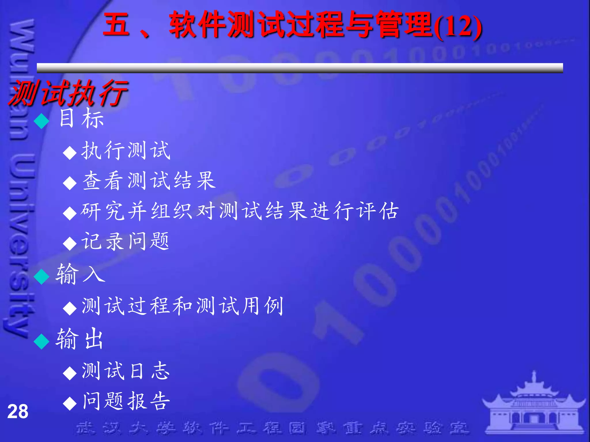 五 、软件测试过程与管理(12)

测试执行
      目标
       执行测试
       查看测试结果
       研究并组织对测试结果进行评估
       记彔问题
      输入
       测试过程和测试用例
      输出
       测试日志

28     问题报告
 