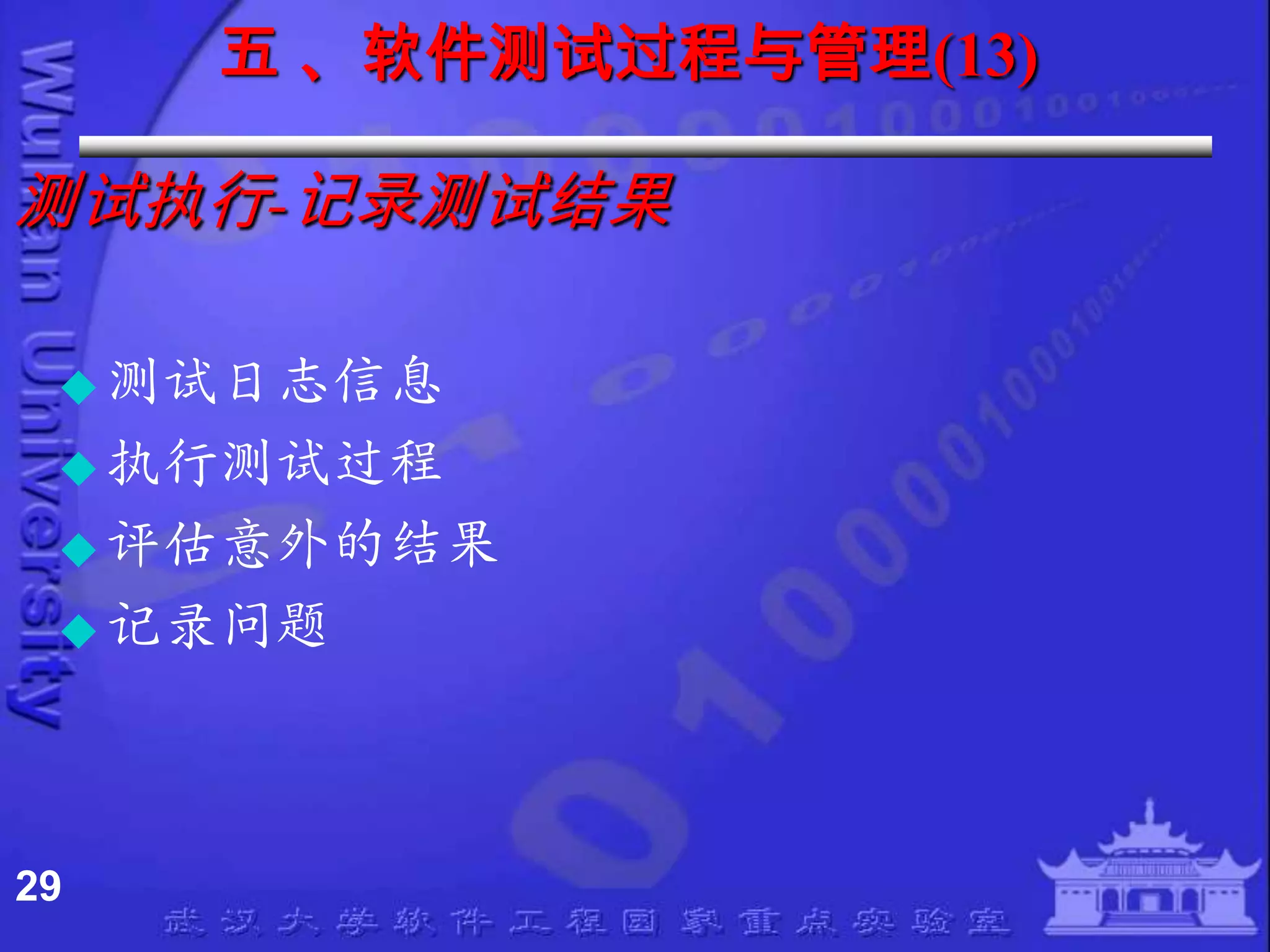 五 、软件测试过程与管理(13)

测试执行-记录测试结果

  测试日志信息
  执行测试过程
  评估意外的结果
  记彔问题




29
 