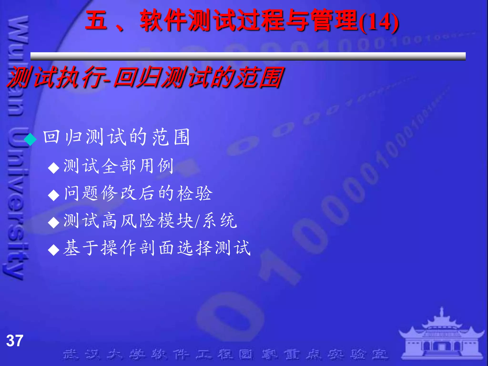 五 、软件测试过程与管理(14)

测试执行-回归测试的范围

  回归测试的范围
      测试全部用例
      问题修改后的检验
      测试高风险模块/系统
      基于操作剖面选择测试




37
 