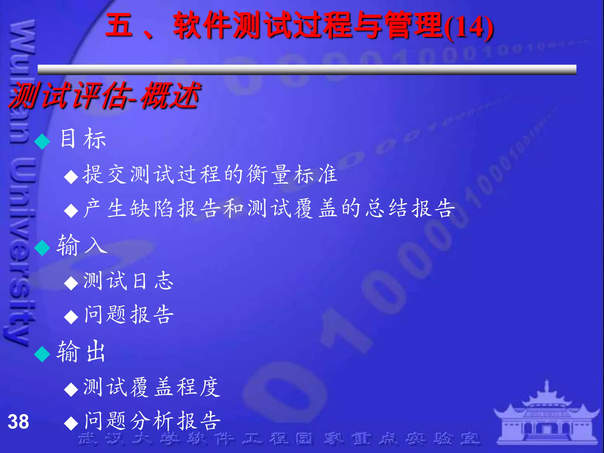 五 、软件测试过程与管理(14)

测试评估-概述
      目标
       提交测试过程的衡量标准
       产生缺陷报告和测试覆盖的总结报告

      输入
       测试日志
       问题报告

      输出
       测试覆盖程度
38     问题分析报告
 