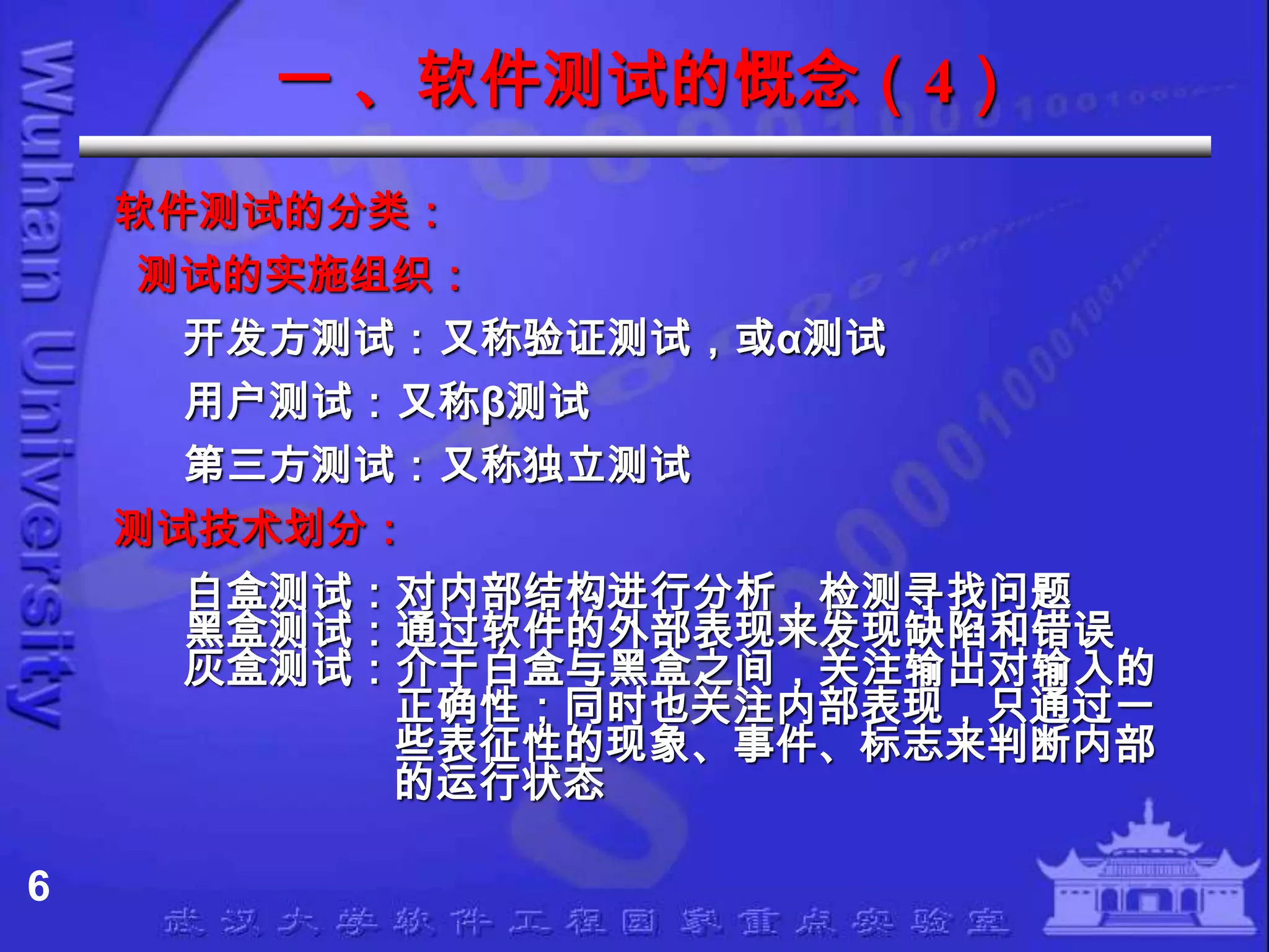 一 、软件测试的慨念（4）
    软件测试的分类：
     测试的实施组织：
      开发方测试：又称验证测试，或α测试
      用户测试：又称β测试
      第三方测试：又称独立测试
    测试技术划分：
      白盒测试：对内部结构进行分析，检测寻找问题
      黑盒测试：通过软件的外部表现来发现缺陷和错误
      灰盒测试：介于白盒与黑盒之间，关注输出对输入的
           正确性；同时也关注内部表现，只通过一
           些表征性的现象、事件、标志来判断内部
           的运行状态

6
 