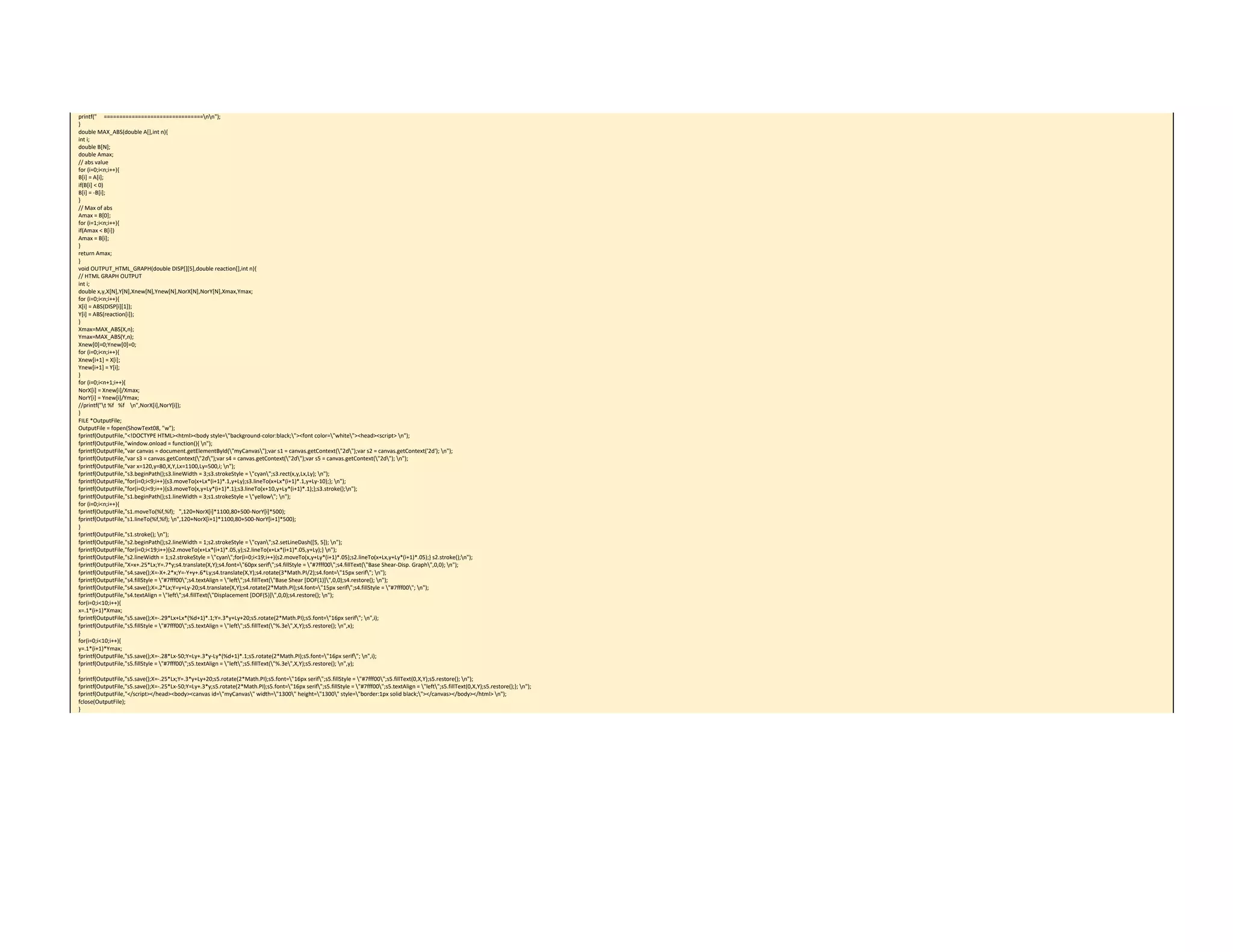 printf("     ================================nn"); 
} 
double MAX_ABS(double A[],int n){ 
int i; 
double B[N]; 
double Amax; 
// abs value 
for (i=0;i<n;i++){ 
B[i] = A[i]; 
if(B[i] < 0) 
B[i] = ‐B[i]; 
} 
// Max of abs 
Amax = B[0]; 
for (i=1;i<n;i++){ 
if(Amax < B[i]) 
Amax = B[i]; 
} 
return Amax; 
} 
void OUTPUT_HTML_GRAPH(double DISP[][5],double reaction[],int n){ 
// HTML GRAPH OUTPUT 
int i; 
double x,y,X[N],Y[N],Xnew[N],Ynew[N],NorX[N],NorY[N],Xmax,Ymax; 
for (i=0;i<n;i++){ 
X[i] = ABS(DISP[i][1]); 
Y[i] = ABS(reaction[i]); 
} 
Xmax=MAX_ABS(X,n); 
Ymax=MAX_ABS(Y,n); 
Xnew[0]=0;Ynew[0]=0; 
for (i=0;i<n;i++){ 
Xnew[i+1] = X[i]; 
Ynew[i+1] = Y[i]; 
} 
for (i=0;i<n+1;i++){ 
NorX[i] = Xnew[i]/Xmax; 
NorY[i] = Ynew[i]/Ymax; 
//printf("t %f   %f    n",NorX[i],NorY[i]); 
} 
FILE *OutputFile; 
OutputFile = fopen(ShowText08, "w"); 
fprintf(OutputFile,"<!DOCTYPE HTML><html><body style="background‐color:black;"><font color="white"><head><script> n"); 
fprintf(OutputFile,"window.onload = function(){ n"); 
fprintf(OutputFile,"var canvas = document.getElementById("myCanvas");var s1 = canvas.getContext("2d");var s2 = canvas.getContext('2d'); n"); 
fprintf(OutputFile,"var s3 = canvas.getContext("2d");var s4 = canvas.getContext("2d");var s5 = canvas.getContext("2d"); n"); 
fprintf(OutputFile,"var x=120,y=80,X,Y,Lx=1100,Ly=500,i; n"); 
fprintf(OutputFile,"s3.beginPath();s3.lineWidth = 3;s3.strokeStyle = "cyan";s3.rect(x,y,Lx,Ly); n"); 
fprintf(OutputFile,"for(i=0;i<9;i++){s3.moveTo(x+Lx*(i+1)*.1,y+Ly);s3.lineTo(x+Lx*(i+1)*.1,y+Ly‐10);}; n"); 
fprintf(OutputFile,"for(i=0;i<9;i++){s3.moveTo(x,y+Ly*(i+1)*.1);s3.lineTo(x+10,y+Ly*(i+1)*.1);};s3.stroke();n"); 
fprintf(OutputFile,"s1.beginPath();s1.lineWidth = 3;s1.strokeStyle = "yellow"; n"); 
for (i=0;i<n;i++){ 
fprintf(OutputFile,"s1.moveTo(%f,%f);   ",120+NorX[i]*1100,80+500‐NorY[i]*500); 
fprintf(OutputFile,"s1.lineTo(%f,%f); n",120+NorX[i+1]*1100,80+500‐NorY[i+1]*500); 
} 
fprintf(OutputFile,"s1.stroke(); n"); 
fprintf(OutputFile,"s2.beginPath();s2.lineWidth = 1;s2.strokeStyle = "cyan";s2.setLineDash([5, 5]); n"); 
fprintf(OutputFile,"for(i=0;i<19;i++){s2.moveTo(x+Lx*(i+1)*.05,y);s2.lineTo(x+Lx*(i+1)*.05,y+Ly);} n"); 
fprintf(OutputFile,"s2.lineWidth = 1;s2.strokeStyle = "cyan";for(i=0;i<19;i++){s2.moveTo(x,y+Ly*(i+1)*.05);s2.lineTo(x+Lx,y+Ly*(i+1)*.05);} s2.stroke();n"); 
fprintf(OutputFile,"X=x+.25*Lx;Y=.7*y;s4.translate(X,Y);s4.font="60px serif";s4.fillStyle = "#7fff00";s4.fillText("Base Shear‐Disp. Graph",0,0); n"); 
fprintf(OutputFile,"s4.save();X=‐X+.2*x;Y=‐Y+y+.6*Ly;s4.translate(X,Y);s4.rotate(3*Math.PI/2);s4.font="15px serif"; n"); 
fprintf(OutputFile,"s4.fillStyle = "#7fff00";s4.textAlign = "left";s4.fillText("Base Shear [DOF(1)]",0,0);s4.restore(); n"); 
fprintf(OutputFile,"s4.save();X=.2*Lx;Y=y+Ly‐20;s4.translate(X,Y);s4.rotate(2*Math.PI);s4.font="15px serif";s4.fillStyle = "#7fff00"; n"); 
fprintf(OutputFile,"s4.textAlign = "left";s4.fillText("Displacement [DOF(5)]",0,0);s4.restore(); n"); 
for(i=0;i<10;i++){ 
x=.1*(i+1)*Xmax; 
fprintf(OutputFile,"s5.save();X=‐.29*Lx+Lx*(%d+1)*.1;Y=.3*y+Ly+20;s5.rotate(2*Math.PI);s5.font="16px serif"; n",i); 
fprintf(OutputFile,"s5.fillStyle = "#7fff00";s5.textAlign = "left";s5.fillText("%.3e",X,Y);s5.restore(); n",x); 
} 
for(i=0;i<10;i++){ 
y=.1*(i+1)*Ymax; 
fprintf(OutputFile,"s5.save();X=‐.28*Lx‐50;Y=Ly+.3*y‐Ly*(%d+1)*.1;s5.rotate(2*Math.PI);s5.font="16px serif"; n",i); 
fprintf(OutputFile,"s5.fillStyle = "#7fff00";s5.textAlign = "left";s5.fillText("%.3e",X,Y);s5.restore(); n",y); 
} 
fprintf(OutputFile,"s5.save();X=‐.25*Lx;Y=.3*y+Ly+20;s5.rotate(2*Math.PI);s5.font="16px serif";s5.fillStyle = "#7fff00";s5.fillText(0,X,Y);s5.restore(); n"); 
fprintf(OutputFile,"s5.save();X=‐.25*Lx‐50;Y=Ly+.3*y;s5.rotate(2*Math.PI);s5.font="16px serif";s5.fillStyle = "#7fff00";s5.textAlign = "left";s5.fillText(0,X,Y);s5.restore();}; n"); 
fprintf(OutputFile,"</script></head><body><canvas id="myCanvas" width="1300" height="1300" style="border:1px solid black;"></canvas></body></html> n"); 
fclose(OutputFile); 
} 
 