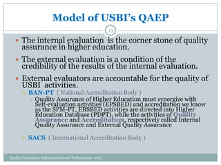 Model of USBI’s QAEP
13

 The internal evaluation is the corner stone of quality

assurance in higher education.

 The external evaluation is a condition of the

credibility of the results of the internal evaluation.

 External evaluators are accountable for the quality of

USBI activities.


BAN-PT ( National Accreditation Body )
 Quality Assurance of Higher Education must synergize with
Self-evaluation activities (EPSBED) and accreditation we know
as the SPM-PT, EBSBED activities are directed into Higher
Education Database (PDPT), while the activities of Quality
Assurance and Accreditation, respectively called Internal
Quality Assurance and External Quality Assurance



SACS ( International Accreditation Body )

Quality Assurance, Enhancement and Performance, 2012

 