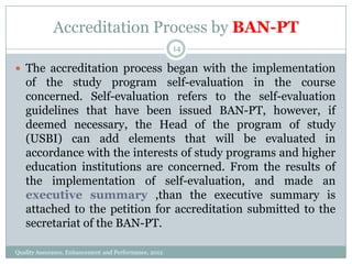 Accreditation Process by BAN-PT
14

 The accreditation process began with the implementation

of the study program self-evaluation in the course
concerned. Self-evaluation refers to the self-evaluation
guidelines that have been issued BAN-PT, however, if
deemed necessary, the Head of the program of study
(USBI) can add elements that will be evaluated in
accordance with the interests of study programs and higher
education institutions are concerned. From the results of
the implementation of self-evaluation, and made an
executive summary ,than the executive summary is
attached to the petition for accreditation submitted to the
secretariat of the BAN-PT.
Quality Assurance, Enhancement and Performance, 2012

 