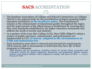 SACS ACCREDITATION
15

 The Southern Association of Colleges and Schools Commission on Colleges

(SACS) is the regional body for the accreditation of degree-granting higher
education institutions in the Southern states. The Commission’s
mission is the enhancement of educational quality throughout the region
and the improvement of the effectiveness of institutions by ensuring that
they meet standards established by the higher education community that
address the needs of society and students.
 As a partner of the Lone Star College (LCS), then USBI obliged to adopt a
system of quality assurance, enhancement and performance are
implemented in LCS, of course, adapted to the circumstances in
USBI and Indonesian law
 Each institution must observe internal and external QA requirements.
LSCS must be able to demonstrate to SACS that they have QC of their
programs in Indonesia.
-

USBI Statutes and QA procedures, including criteria for faculty hiring, promotion and
evaluation; criteria for student admission, assessment, and graduation; student support
systems; and campus facilities, will be adjusted to comply with those of LSCS. --- ( Interim
Meeting LCS-USBI)

Quality Assurance, Enhancement and Performance, 2012

 