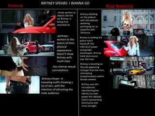 BRITNEY SPEARS- I WANNA GO
Feminist                                                            Post feminist
                        .shows women as
                                           Britney standing
                        objects like the
                                           on the podium
                        car Britney is
                                           with the tabloids
                        being strip
                                           watching
                        searched on.
                                           portraying her as
                                           powerful with
                                           influence.
                        .portrays
                                           Britney is holding the
                        women to the       police man’s
                        extent of their    handcuff- the
                        physical           referral of power
                        appearance-        and gender
                        doesn’t show       stereotypes- Britney
                                           holds dominance
                        Britney with
                                           over the man.
                        much class
                                           Britney is standing on
                    .Has intense sexual    the cab appearing
                    connotations           stronger than the men,
                                           stimulating
                                           envy/emulation within
           .Britney shown in               female viewers
           revealing outfit showing a
                                            Britney uses the
           lot of skin, with the            microphone(
           intention of attracting the      representing her
           male audience.                   talents ) to over
                                            power the tabloids
                                            (men) representing
                                            dominance and
                                            inner strength.
 