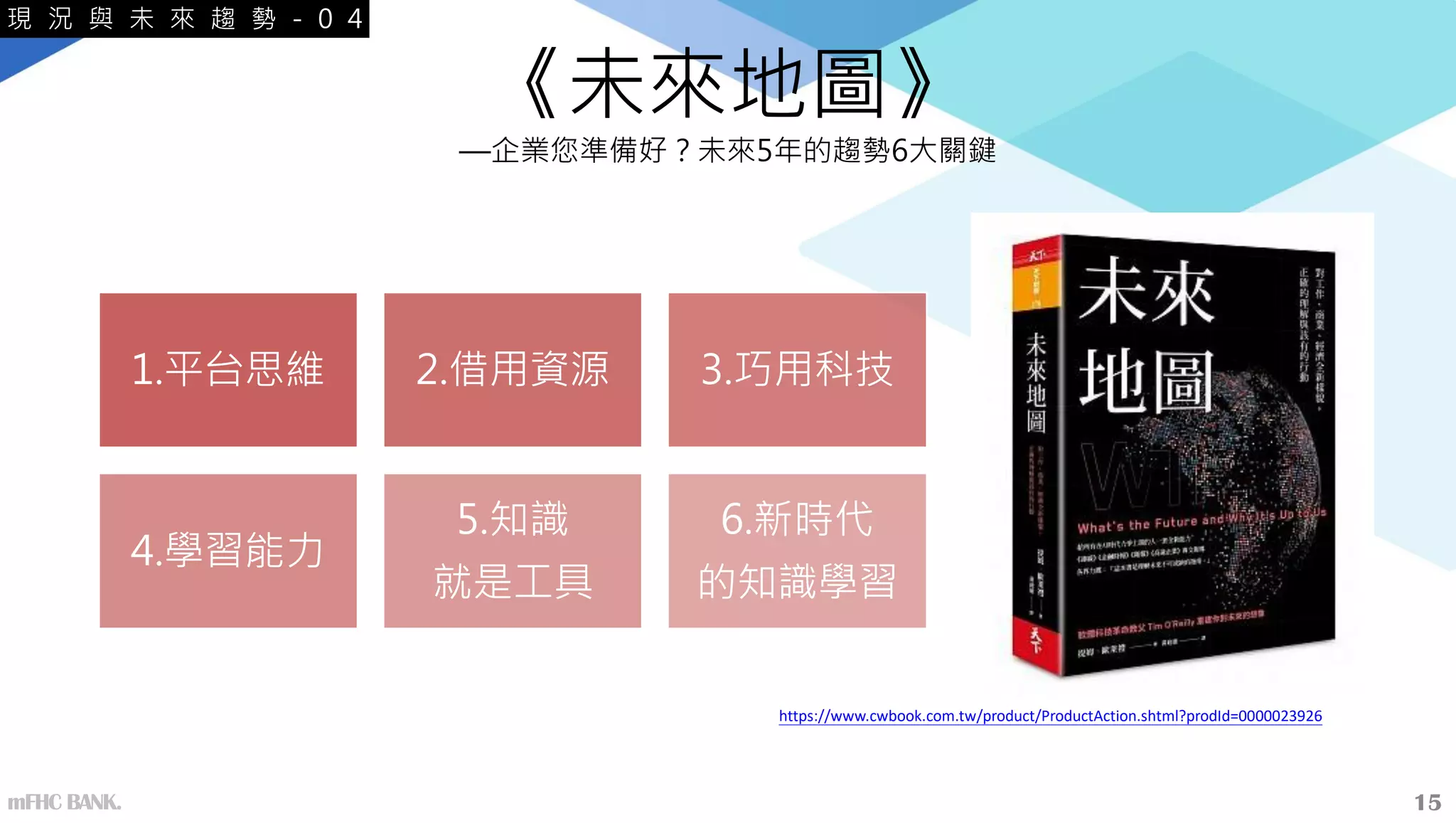 《未來地圖》
—企業您準備好？未來5年的趨勢6大關鍵
1.平台思維 2.借用資源 3.巧用科技
4.學習能力
5.知識
就是工具
6.新時代
的知識學習
https://www.cwbook.com.tw/product/ProductAction.shtml?prodId=0000023926
現 況 與 未 來 趨 勢 - 0 4
15
mFHC BANK.
 