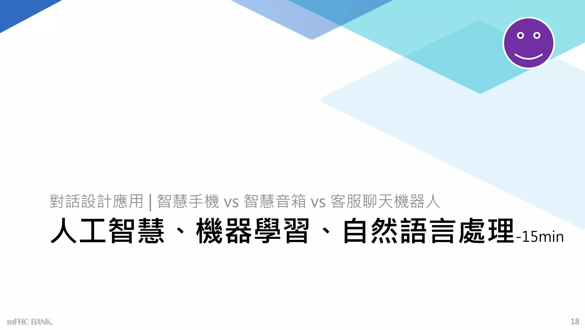 人工智慧、機器學習、自然語言處理-15min
對話設計應用 | 智慧手機 vs 智慧音箱 vs 客服聊天機器人
18
mFHC BANK.
 