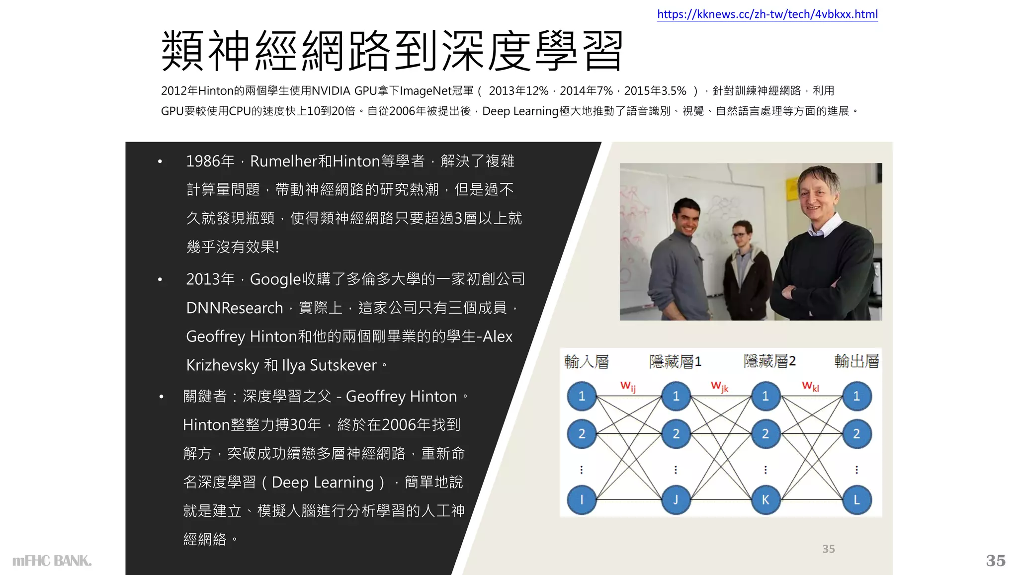 類神經網路到深度學習
• 1986年，Rumelher和Hinton等學者，解決了複雜
計算量問題，帶動神經網路的研究熱潮，但是過不
久就發現瓶頸，使得類神經網路只要超過3層以上就
幾乎沒有效果!
• 2013年，Google收購了多倫多大學的一家初創公司
DNNResearch，實際上，這家公司只有三個成員，
Geoffrey Hinton和他的兩個剛畢業的的學生-Alex
Krizhevsky 和 Ilya Sutskever。
35
• 關鍵者：深度學習之父 - Geoffrey Hinton。
Hinton整整力搏30年，終於在2006年找到
解方，突破成功續戀多層神經網路，重新命
名深度學習（Deep Learning），簡單地說
就是建立、模擬人腦進行分析學習的人工神
經網絡。
https://kknews.cc/zh-tw/tech/4vbkxx.html
2012年Hinton的兩個學生使用NVIDIA GPU拿下ImageNet冠軍（ 2013年12%，2014年7%，2015年3.5% ），針對訓練神經網路，利用
GPU要較使用CPU的速度快上10到20倍。自從2006年被提出後，Deep Learning極大地推動了語音識別、視覺、自然語言處理等方面的進展。
35
mFHC BANK.
 