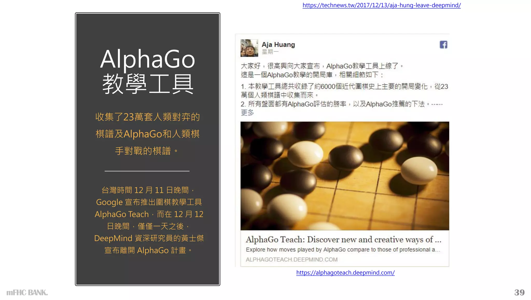 AlphaGo
教學工具
台灣時間 12 月 11 日晚間，
Google 宣布推出圍棋教學工具
AlphaGo Teach，而在 12 月 12
日晚間，僅僅一天之後，
DeepMind 資深研究員的黃士傑
宣布離開 AlphaGo 計畫。
https://alphagoteach.deepmind.com/
收集了23萬套人類對弈的
棋譜及AlphaGo和人類棋
手對戰的棋譜。
https://technews.tw/2017/12/13/aja-hung-leave-deepmind/
39
mFHC BANK.
 
