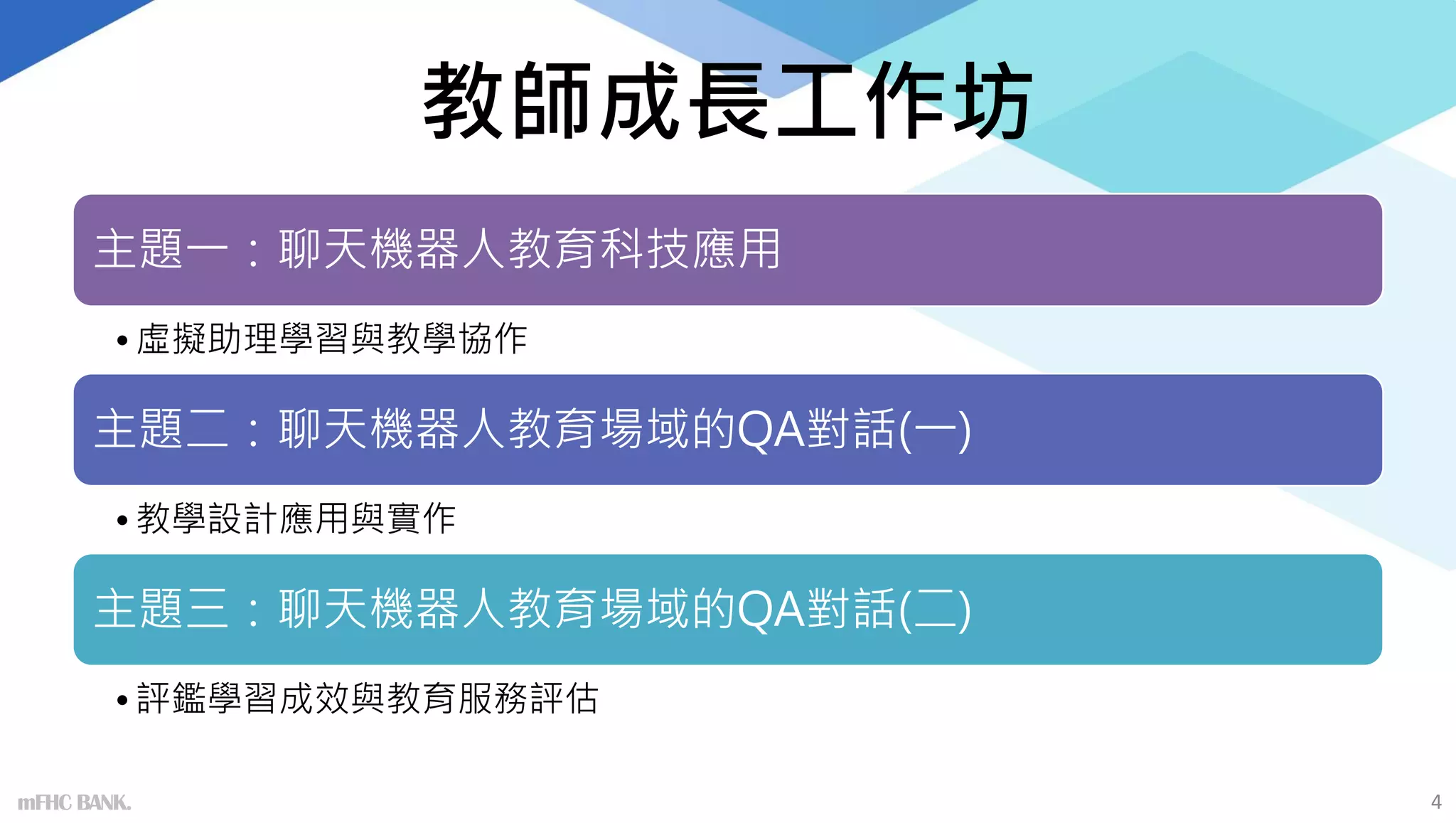 教師成長工作坊
主題一：聊天機器人教育科技應用
•虛擬助理學習與教學協作
主題二：聊天機器人教育場域的QA對話(一)
•教學設計應用與實作
主題三：聊天機器人教育場域的QA對話(二)
•評鑑學習成效與教育服務評估
4
mFHC BANK.
 
