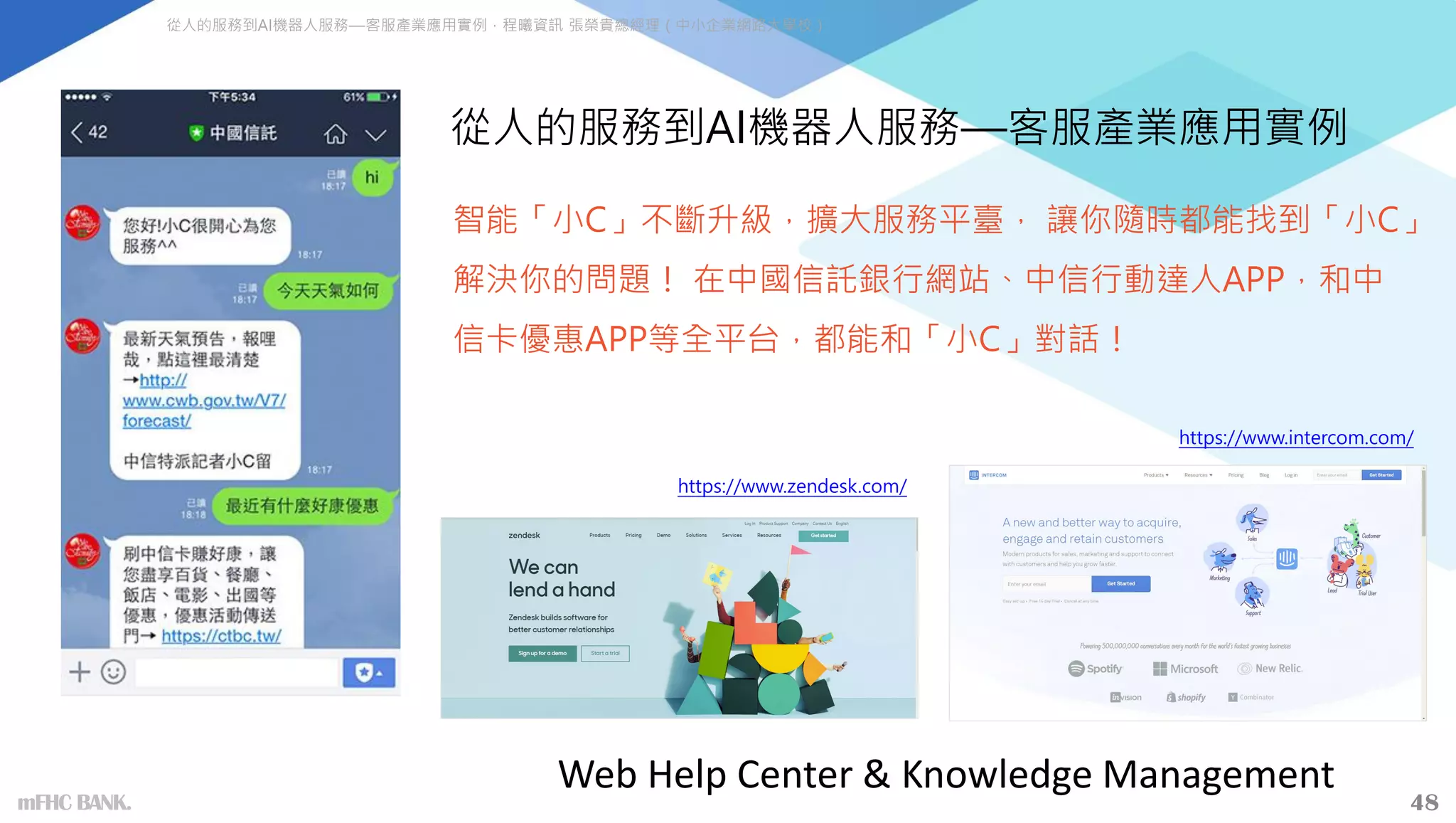 從人的服務到AI機器人服務—客服產業應用實例
智能「小C」不斷升級，擴大服務平臺， 讓你隨時都能找到「小C」
解決你的問題！ 在中國信託銀行網站、中信行動達人APP，和中
信卡優惠APP等全平台，都能和「小C」對話！
從人的服務到AI機器人服務—客服產業應用實例，程曦資訊 張榮貴總經理（中小企業網路大學校）
https://www.intercom.com/
https://www.zendesk.com/
Web Help Center & Knowledge Management
48
mFHC BANK.
 