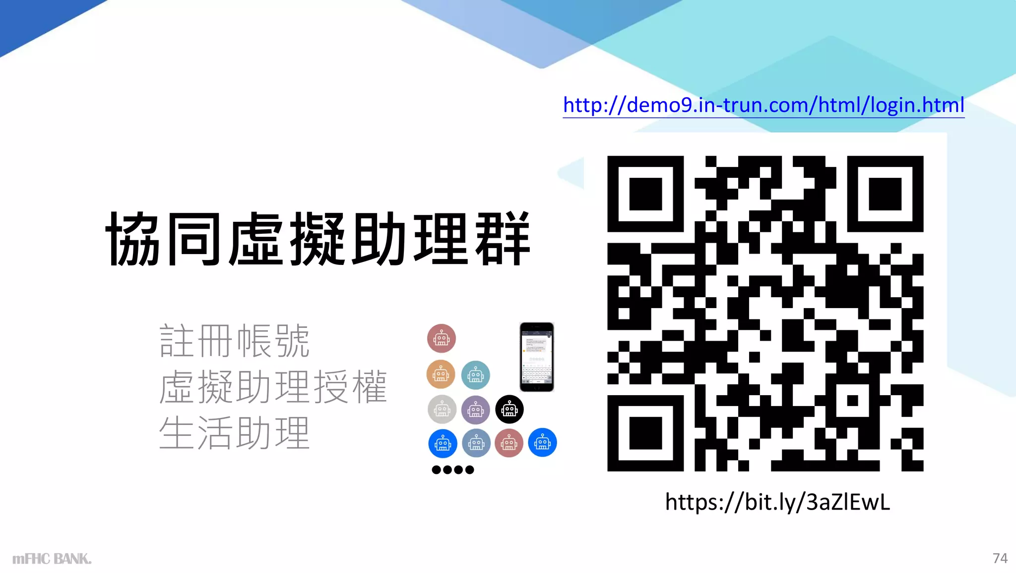 協同虛擬助理群
註冊帳號
虛擬助理授權
生活助理
mFHC BANK. 74
http://demo9.in-trun.com/html/login.html
https://bit.ly/3aZlEwL
 