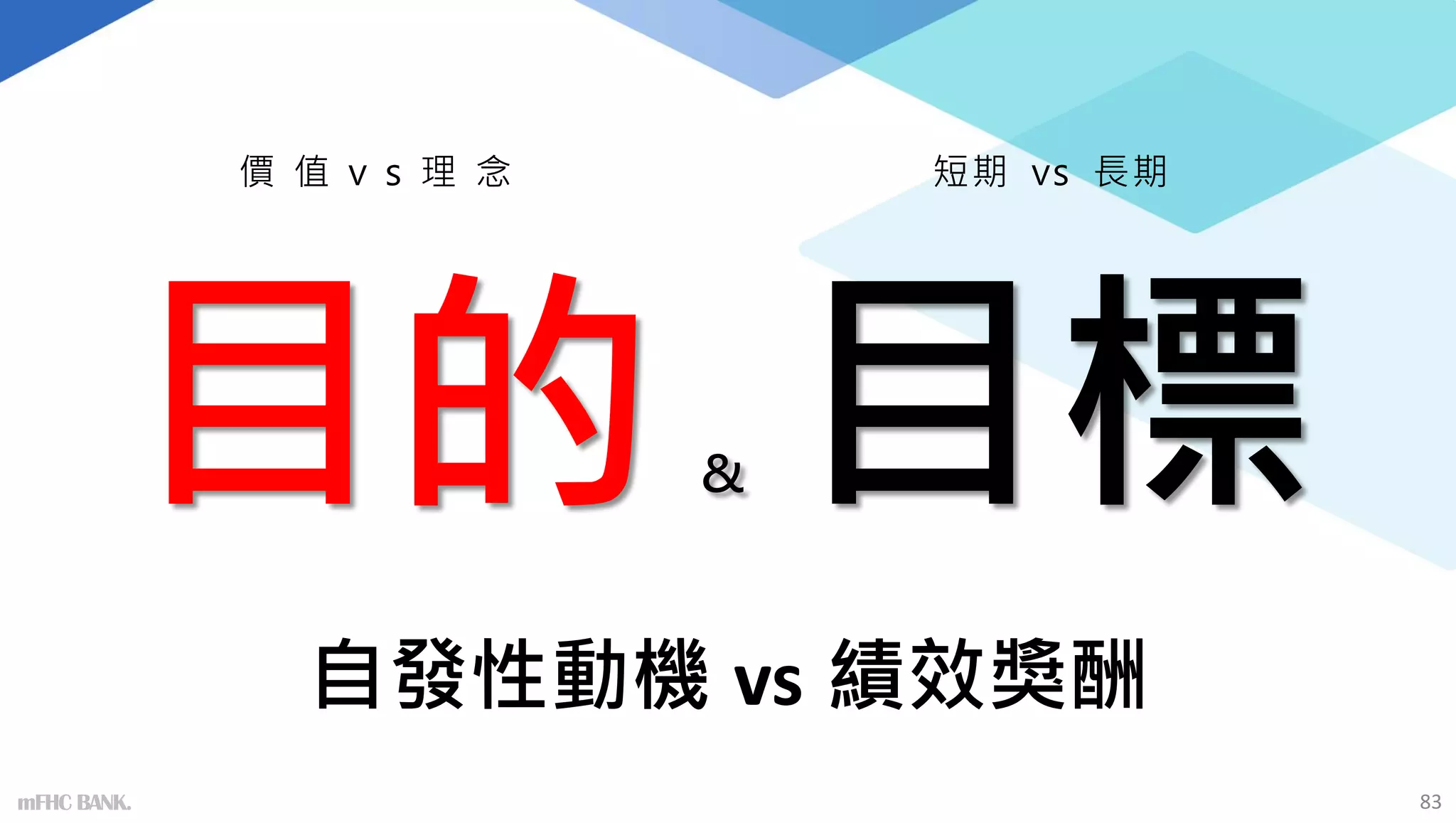 mFHC BANK. 83
&
價 值 v s 理 念 短期 vs 長期
自發性動機 vs 績效獎酬
 