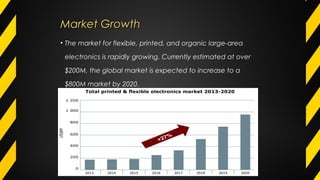 Market GrowthMarket Growth
• The market for flexible, printed, and organic large-area
electronics is rapidly growing. Currently estimated at over
$200M, the global market is expected to increase to a
$800M market by 2020.
 