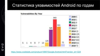 Статистика уязвимостей Android по годам
https://www.cvedetails.com/product/19997/Google-Android.html?vendor_id=1224
 