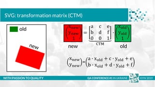 WITH PASSION TO QUALITY
SVG: transformation matrix (CTM)
QA CONFERENCE #1 IN UKRAINE KYIV 2019
xnew
ynew
=
a ∙ xold + c ∙ ...