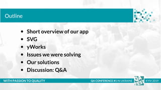 WITH PASSION TO QUALITY
Outline
QA CONFERENCE #1 IN UKRAINE KYIV 2019
 Short overview of our app
 SVG
 yWorks
 Issues ...