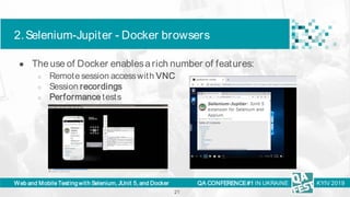 Web and Mobile Testing with Selenium, JUnit 5, and Docker
2.Selenium-Jupiter - Docker browsers
QA CONFERENCE#1 IN UKRAINE ...