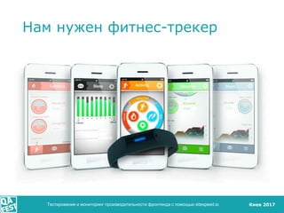 Киев 2017
Нам нужен фитнес-трекер
Тестирование и мониторинг производительности фронтенда с помощью sitespeed.io
 