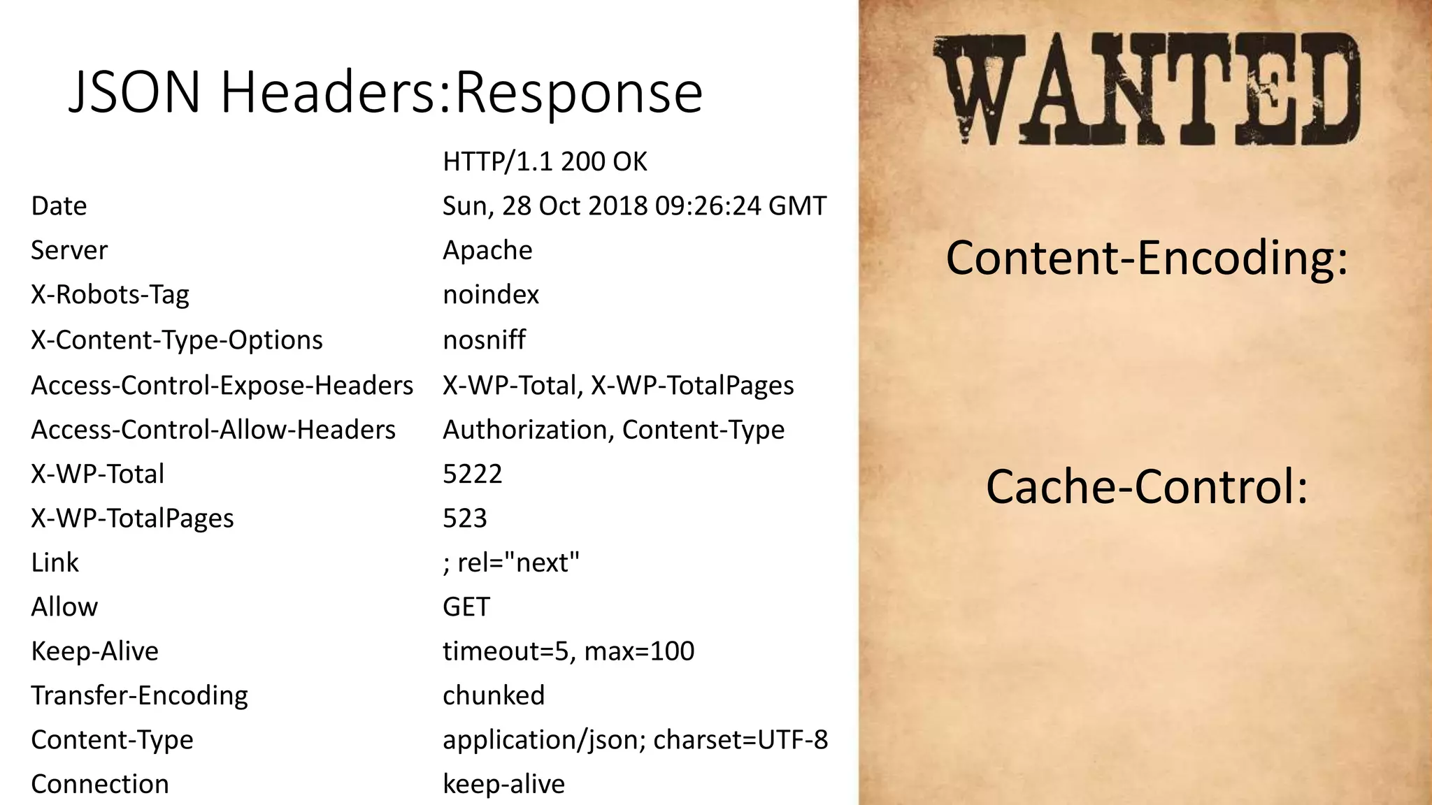 JSON Headers:Response
HTTP/1.1 200 OK
Date Sun, 28 Oct 2018 09:26:24 GMT
Server Apache
X-Robots-Tag noindex
X-Content-Type-Options nosniff
Access-Control-Expose-Headers X-WP-Total, X-WP-TotalPages
Access-Control-Allow-Headers Authorization, Content-Type
X-WP-Total 5222
X-WP-TotalPages 523
Link ; rel="next"
Allow GET
Keep-Alive timeout=5, max=100
Transfer-Encoding chunked
Content-Type application/json; charset=UTF-8
Connection keep-alive
Content-Encoding:
Cache-Control:
 
