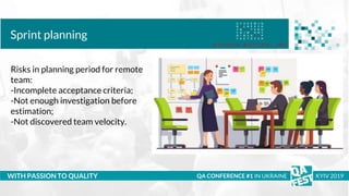Тема доклада
Тема доклада
Тема доклада
WITH PASSION TO QUALITY
Sprint planning
QA CONFERENCE #1 IN UKRAINE KYIV 2019
Risks in planning period for remote
team:
-Incomplete acceptance criteria;
-Not enough investigation before
estimation;
-Not discovered team velocity.
 
