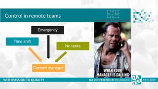 Тема доклада
Тема доклада
Тема доклада
WITH PASSION TO QUALITY
Control in remote teams
QA CONFERENCE #1 IN UKRAINE KYIV 2019
Emergency
No tasks
Contact manager
Time shift
 