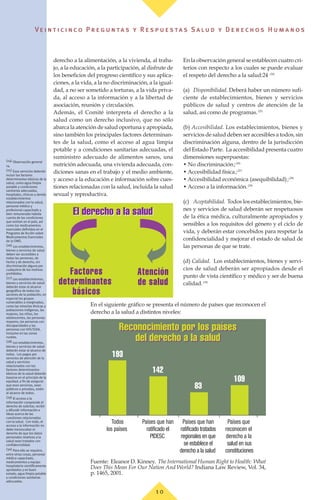 derecho a la alimentación, a la vivienda, al traba-
jo, a la educación, a la participación, al disfrute de
los beneficios del progreso científico y sus aplica-
ciones, a la vida, a la no discriminación, a la igual-
dad, a no ser sometido a torturas, a la vida priva-
da, al acceso a la información y a la libertad de
asociación, reunión y circulación.
Además, el Comité interpreta el derecho a la
salud como un derecho inclusivo, que no sólo
abarca la atención de salud oportuna y apropiada,
sino también los principales factores determinan-
tes de la salud, como el acceso al agua limpia
potable y a condiciones sanitarias adecuadas, el
suministro adecuado de alimentos sanos, una
nutrición adecuada, una vivienda adecuada, con-
diciones sanas en el trabajo y el medio ambiente,
y acceso a la educación e información sobre cues-
tiones relacionadas con la salud, incluida la salud
sexual y reproductiva.
En la observación general se establecen cuatro cri-
terios con respecto a los cuales se puede evaluar
el respeto del derecho a la salud:24 (24)
(a) Disponibilidad. Deberá haber un número sufi-
ciente de establecimientos, bienes y servicios
públicos de salud y centros de atención de la
salud, así como de programas.(25)
(b) Accesibilidad. Los establecimientos, bienes y
servicios de salud deben ser accesibles a todos, sin
discriminación alguna, dentro de la jurisdicción
del Estado Parte. La accesibilidad presenta cuatro
dimensiones superpuestas:
• No discriminación;(26)
• Accesibilidad física;(27)
• Accesibilidad económica (asequibilidad);(28)
• Acceso a la información.(29)
(c) Aceptabilidad. Todos los establecimientos, bie-
nes y servicios de salud deberán ser respetuosos
de la ética médica, culturalmente apropiados y
sensibles a los requisitos del género y el ciclo de
vida, y deberán estar concebidos para respetar la
confidencialidad y mejorar el estado de salud de
las personas de que se trate.
(d) Calidad. Los establecimientos, bienes y servi-
cios de salud deberán ser apropiados desde el
punto de vista científico y médico y ser de buena
calidad.(30)
Ve i n t i c i n c o P r e g u n ta s y R e s p u e s ta s S a lu d y D e r e c h o s H u m a n o s
1 0
(24) Observación general
14.
(25) Esos servicios deberán
incluir los factores
determinantes básicos de la
salud, como agua limpia
potable y condiciones
sanitarias adecuadas,
hospitales, clínicas y demás
establecimientos
relacionados con la salud,
personal médico y
profesional capacitado y
bien remunerado habida
cuenta de las condiciones
que existan en el país, así
como los medicamentos
esenciales definidos en el
Programa de Acción sobre
Medicamentos Esenciales
de la OMS.
(26) Los establecimientos,
bienes y servicios de salud
deben ser accesibles a
todas las personas, de
hecho y de derecho, sin
discriminación alguna por
cualquiera de los motivos
prohibidos.
(27) Los establecimientos,
bienes y servicios de salud
deberán estar al alcance
geográfico de todos los
sectores de la población, en
especial los grupos
vulnerables o marginados,
como las minorías étnicas y
poblaciones indígenas, las
mujeres, los niños, los
adolescentes, las personas
mayores, las personas con
discapacidades y las
personas con VIH/SIDA,
inclusive en las zonas
rurales.
(28) Los establecimientos,
bienes y servicios de salud
deberán estar al alcance de
todos. Los pagos por
servicios de atención de la
salud y servicios
relacionados con los
factores determinantes
básicos de la salud deberán
basarse en el principio de la
equidad, a fin de asegurar
que esos servicios, sean
públicos o privados, estén
al alcance de todos.
(29) El acceso a la
información comprende el
derecho de solicitar, recibir
y difundir información e
ideas acerca de las
cuestiones relacionadas
con la salud. Con todo, el
acceso a la información no
debe menoscabar el
derecho de que los datos
personales relativos a la
salud sean tratados con
confidencialidad.
(30) Para ello se requiere,
entre otras cosas, personal
médico capacitado,
medicamentos y equipo
hospitalario científicamente
aprobados y en buen
estado, agua limpia potable
y condiciones sanitarias
adecuadas.
Factores
terminantes básicos
Factores
determinantes
básicos
Atención
de salud
Todos
los países
193
Países que han
ratificado el
PIDESC
142
Países que han
ratificado tratados
regionales en que
se establece el
derecho a la salud
83
Países que
reconocen el
derecho a la
salud en sus
constituciones
109
Fuente: Eleanor D. Kinney. The International Human Right to Health: What
Does This Mean For Our Nation And World? Indiana Law Review, Vol. 34,
p. 1465, 2001.
En el siguiente gráfico se presenta el número de países que reconocen el
derecho a la salud a distintos niveles:
El derecho a la saludEl derecho a la salud
Reconocimiento por los países
del derecho a la salud
Reconocimiento por los países
del derecho a la salud
 