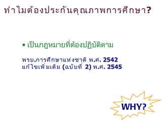 ทำ า ไมต้ อ งประกั น คุ ณ ภาพการศึ ก ษา?



    • เป็นกฎหมายที่ตองปฏิบตตาม
                    ้     ั ิ
    พรบ.การศึ ก ษาแห่ ง ชาติ พ.ศ. 2542
    แก้ ไ ขเพิ ่ ม เติ ม (ฉบั บ ที ่ 2) พ.ศ. 2545




                                                WHY?
 