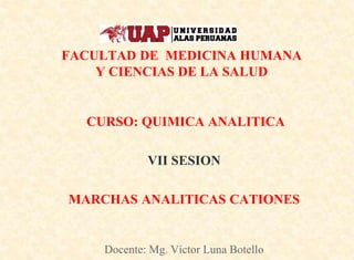 FACULTAD DE MEDICINA HUMANA
Y CIENCIAS DE LA SALUD
CURSO: QUIMICA ANALITICA
VII SESION
MARCHAS ANALITICAS CATIONES
Docente: Mg. Víctor Luna Botello
 