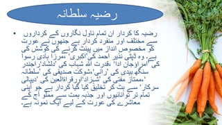 • ‫کرداروں‬ ‫کے‬ ‫نگاروں‬ ‫ناول‬ ‫تمام‬ ‫ان‬ ‫کردار‬ ‫کا‬ ‫رضیہ‬
‫عورت‬ ‫نے‬ ‫جنھوں‬ ‫ہے‬ ‫کردار‬ ‫منفرد‬ ‫اور‬ ‫مختلف‬ ‫سے‬
‫کی‬ ‫کوشش‬ ‫کی‬ ‫کرنے‬ ‫پینٹ‬ ‫میں‬ ‫انداز‬ ‫مخصوص‬ ‫کو‬
‫کی‬ ‫احمد‬ ‫نذیر‬ ‫ڈپٹی‬ ‫وہ‬ ‫ہے۔‬’‫اکبری‬‘‫رسوا‬ ‫ہادی‬ ‫،مرزا‬
‫کی‬’‫ادا‬ ‫امراؤجان‬‘‫کی‬ ‫شہاب‬ ‫ہللا‬ ‫،قدرت‬’‫دلشاد‬‘‫راجندر‬
‫کی‬ ‫بیدی‬ ‫سنگھ‬’‫رانی‬‘‫کی‬ ‫صدیقی‬ ‫،شوکت‬’‫سلطانہ‬
‘‫کی‬ ‫مفتی‬ ‫،ممتاز‬’‫شہزاد‬‘‫کی‬ ‫اورقراۃالعین‬’‫دیپالی‬
‫سرکار‬‘‫اپنی‬ ‫جو‬ ‫ہے‬ ‫کردار‬ ‫گیا‬ ‫کیا‬ ‫تخلیق‬ ‫کر‬ ‫ہٹ‬ ‫سے‬
‫کے‬ ‫آج‬ ‫مملو‬ ‫سے‬ ‫ہمت‬ ‫جذبہ‬ ‫اور‬ ‫توانائیوں‬ ‫تر‬ ‫تمام‬
‫ہے۔‬ ‫نمونہ‬ ‫ایک‬ ‫لیے‬ ‫کے‬ ‫عورت‬ ‫کی‬ ‫معاشرے‬
‫سلطانہ‬ ‫رضیہ‬
 